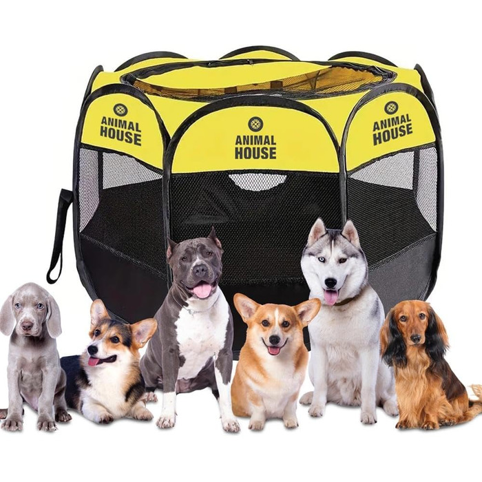 Складний водовідштовхуючий забірчик для цуценят, собак, котів та кроликів Animal House: портативний, для дому, 74x74x43 см (жовтий)