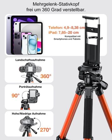 CAMBOFOTO Штатив для камери та монопод, професійний штатив з алюмінію для DSLR/беззеркальних камер/телефонів/відеокамер, з тримачем для телефону/сумкою (186 см, помаранчевий)