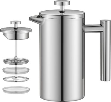 Make a French press coffee machine, 21oz stainless steel French press with a 3-level filtration system, double-walled insulated French press with 3 filters and 1 metal spoon, black