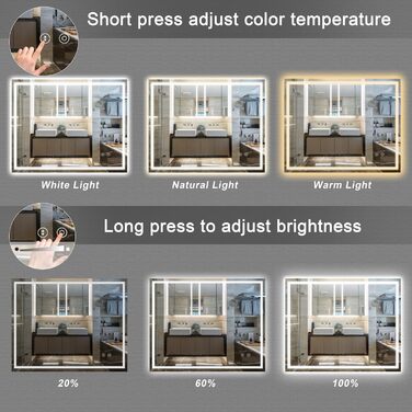 Дзеркало для ванної кімнати з LED-підсвічуванням Dripex, 50x70 см, сенсорне керування, протитуманне покриття, холодний білий світ, енергозберігаюче