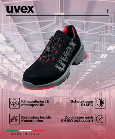 Черевики Uvex 1 Halbschuh S2 SRC: робочі черевики для жінок та чоловіків, чорно-лімоний, 51 EU