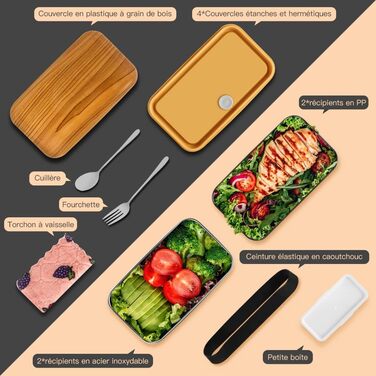 HOLIPOT Ланчбокс Bento Box з роздільниками, 2 рівні, з нержавіючої сталі та PP, з набором столових приборів та сумкою, для дітей та дорослих (Чорний)