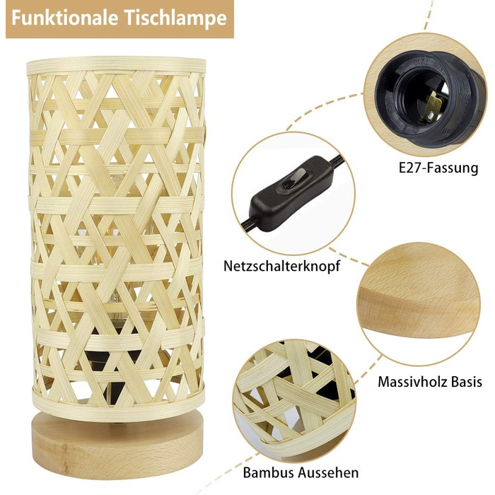Сучасна LED лампа Depuley на стіл, бамбук та дерево, круглі, з абажуром з ротангу, 60 Вт, патрон E27, нічник, лампа для читання, для спальні, дитячої кімнати, з лампою (Rund-2)