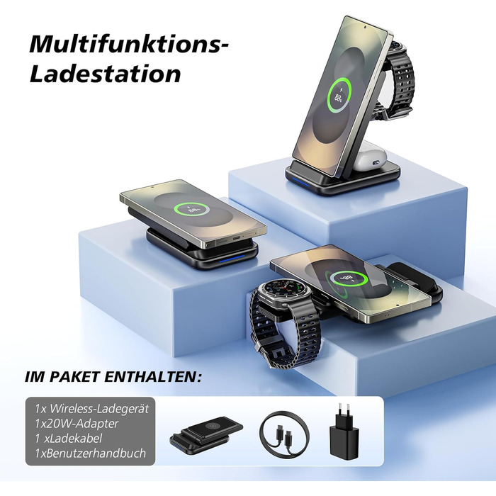 Бездротова зарядка 3-в-1 для Samsung: станція з подвійною котушкою, захистом від перевантаження та портативним дизайном для смартфонів, смарт-годинників та навушників
