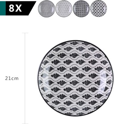 Набір тарілок Vancasso Haruka: 8 шт. (4 супові, 4 глибокі), кераміка, 700мл, діаметр 21 см (чорний + кремовий)