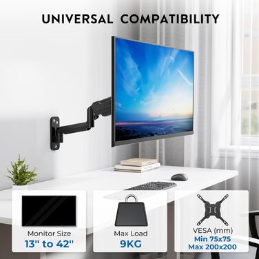 Кріплення для монітора BONTEC, 13-42 дюйми, до 9 кг, VESA 200x200, регульоване, настінне