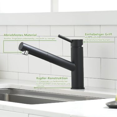 Кухонний змішувач AIMADI висувний чорний з 3-х режимним душем, 38 см шланг, однорідний змішувач для холодної та гарячої води, підходить для раковини та кухонного острова, водоспад, чорний колір