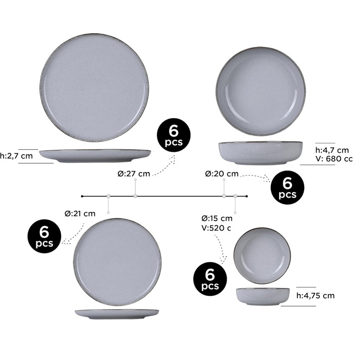 Набір посуду Kutahya Porselen (24 елементи) – 12-ти частинний сервіз для 4 осіб, сучасний порцеляновий посуд, Pearl Grey