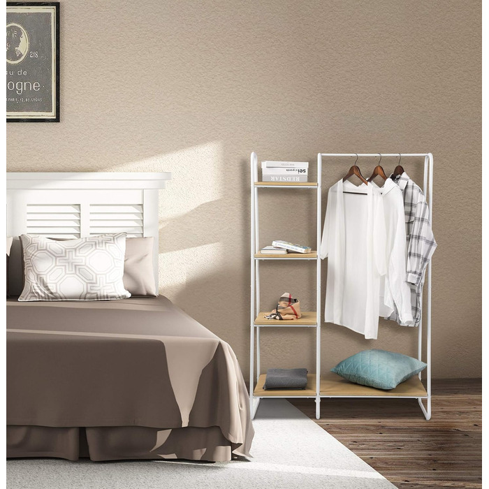 Coat rack, stable wardrobe, clothes rail with 5 shelves, 6 coat hooks, black metal coat rack, free-standing coat stand (white + oak, classic)