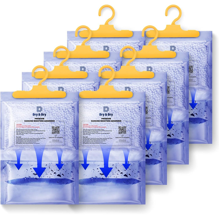 Dry & Dry [8 Packets [Net 200 g Packet] Premium Hanging Moisture Absorbers to Control Excess Moisture for Basements, Closets, Bathrooms, and Laundry Rooms. - Moisture Absorbers