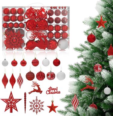 Набір 108 шт. новорічних кулічок Aufun Premium: пластик, верхівка, зірка, безпечні прикраси, багаторазові, кольори: шампань, червоний, срібний