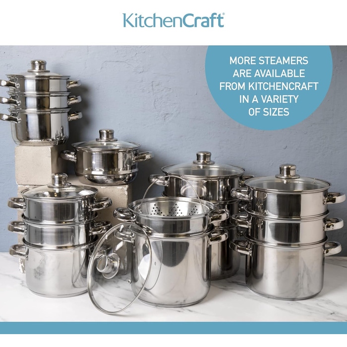 Набір каструль KitchenCraft 3 шт. з пароваркою, суповою каструлею, індукційне дно, нержавіюча сталь, подарункова коробка, 16 см, сріблястий