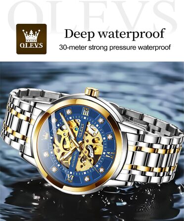 Чоловічий годинник OLEVS Gold Skeleton: автоматичний механічний, зі сталевим браслетом, водонепроникний, люксовий дизайн, синій циферблат