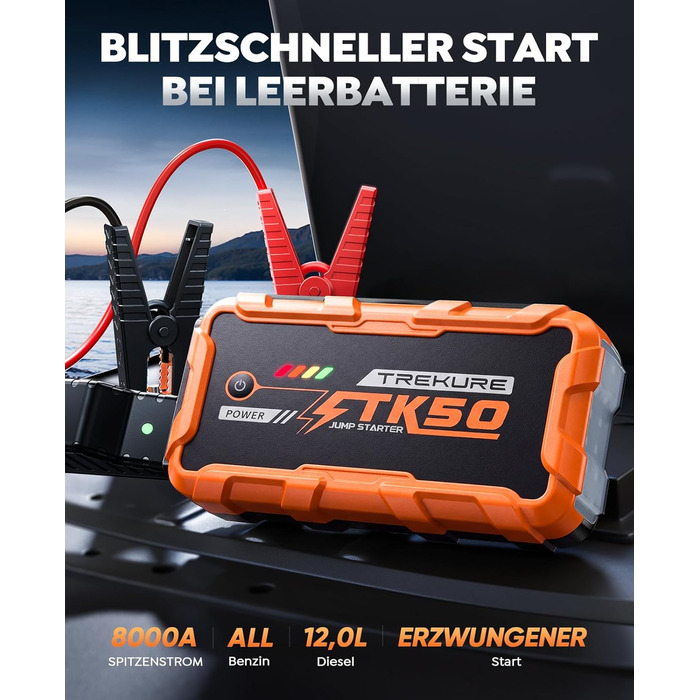 Powerbank для автомобіля 8000A Starthilfe (бензин/дизель 12.0L), 26800mAh, 12V пусковий пристрій з ліхтарем 800 люмен, 2xUSB, посилені кабелі, помаранчевий