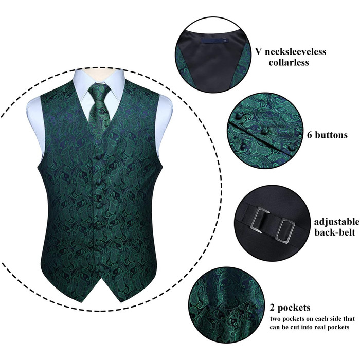 Костюмний комплект Enlision: жилет, краватка та нагрудна хустинка з квітковим візерунком пале, розмір S, зелений