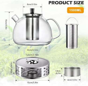 Скляний чайник для заварювання чаю Teekanne з підставкою-підігрівачем та ситечком, боросилікатне скло, 1500 мл