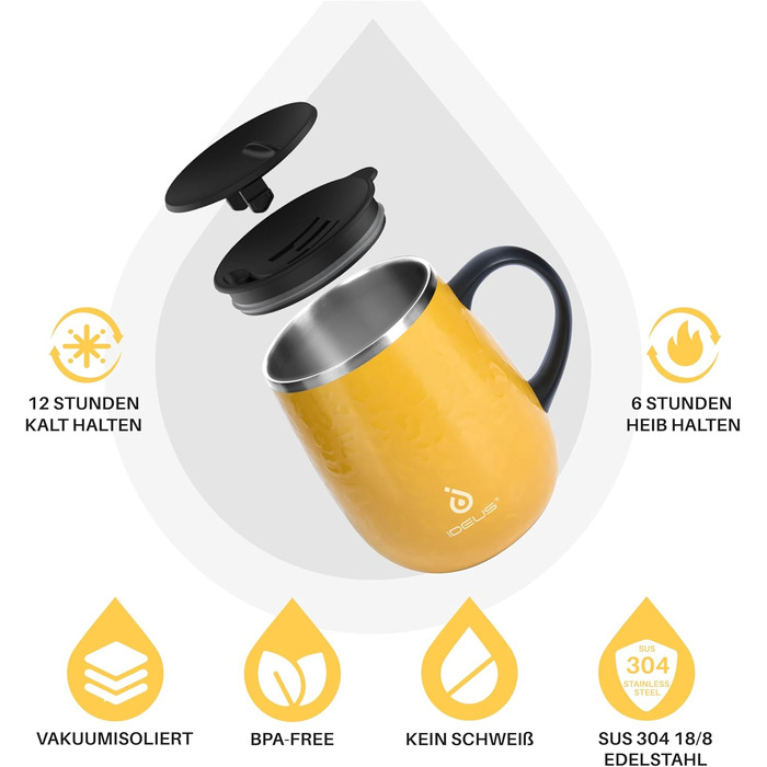 Кружка для кави та чаю Ideus 470 мл з подвійними стінками, з нержавіючої сталі, з нековзким ручним тримачем та кришкою-ковзаючою панеллю, великий об'єм (Трав'яний зелений) (Леопардовий жовтий)