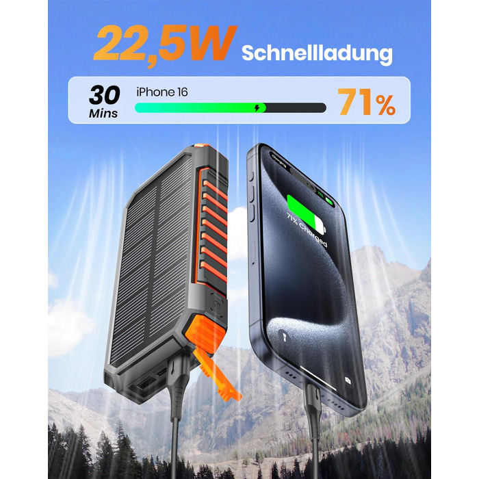 Power Bank Fandealo 27000mAh з сонячною панеллю – 22,5W, PD, QC 3.0, USB-C, 2 кабелі, 2 ліхтарики, для смартфонів, планшетів, кемпінгу