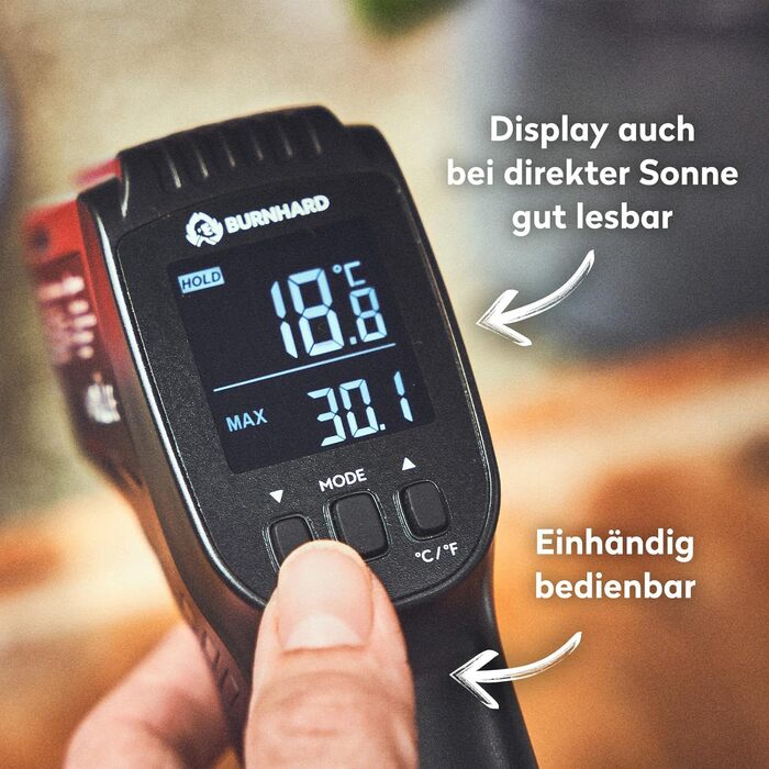 Інфрачервоний термометр BURNHARD з подвійним лазером, -50 – 550 °C, з функцією утримання, регулюванням випромінювання, для піцокаменів та грилів