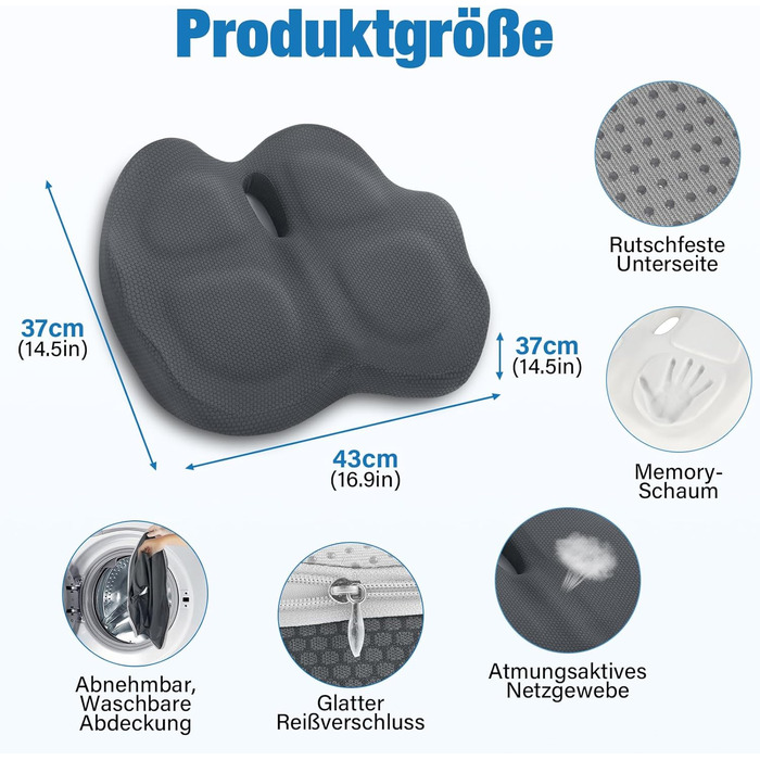 Ортопедична подушка для сидіння з Memory Foam: для офісного крісла, авто, інвалідного візка. Зняття навантаження на куприк, комфорт, нековзний низ (Сірий)