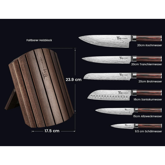 Набір кухонних ножів Messerset 7 предметів у японському стилі з магнітним блоком з акації, сталь карбонова, ергономічна ручка