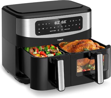 Фритюрниця TOKIT з подвійним зондом, 2800 Вт, 10 л, 12 програм, з вікном, без олії, 2 ящики, LED-touchscreen, 90% менше жиру
