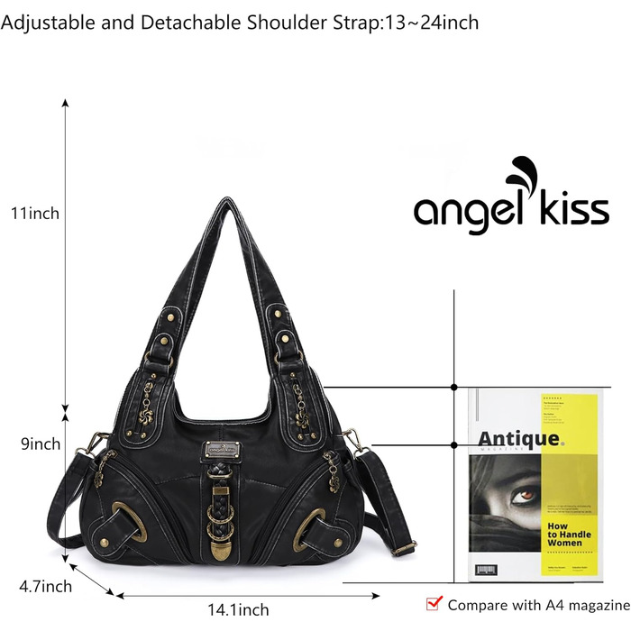 Сумка жіноча Angel Kiss Hobo через плече з PU шкіри, чорна (801) - багато відділень