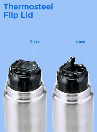 Термос Milton Thermosteel Flip Lid 1000 мл з подвійними стінками, вакуумна ізоляція, нержавіюча сталь, без BPA, з кришкою-фліпом, срібний | 1 літр, 24 години зберігання тепла та холоду