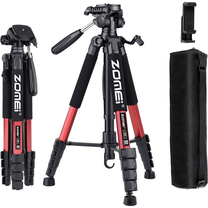 Штатив ZOMEi 188 см, професійний, для DSLR, телефонів, проекторів, телескопів (чорний/червоний)