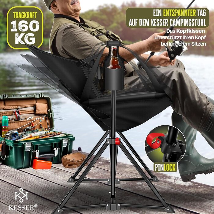 Крісло-гойдалка KESSER® для кемпінгу та риболовлі, 160 кг, з підсвіткою та тримачем для напоїв, сіре (чорне)