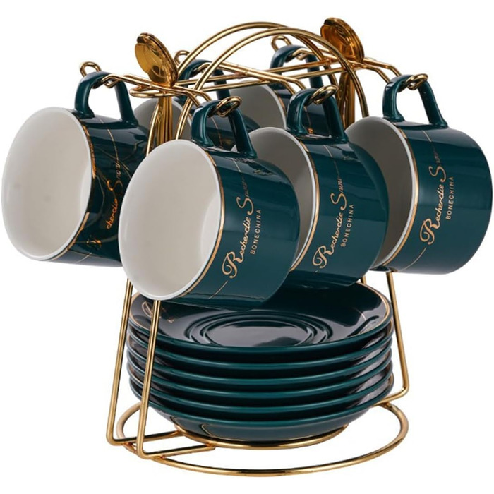 Набір кавових чашок капучіно з блюдцями (6 шт., 150 мл), порцелянові чашки з золотим декором, британський королівський фарфор (білий, Brillantblau)