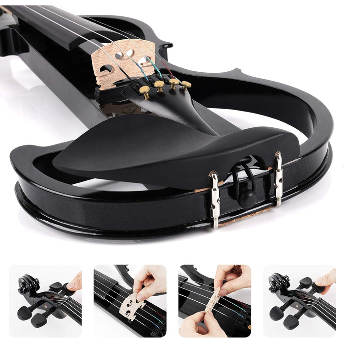 Електрична скрипка Vangoa 4/4 з цільного дерева, повного розміру, з усіма аксесуарами (колінь, чохол, кабель, підставка, смычок)