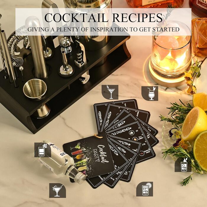 750ml Stainless Steel Cocktail Shaker Set with Bamboo Stand & Recipe Book - 17 Piece Bar Set for Bartenders, Gifts for Women (Black Silver)