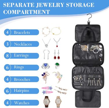 Сумка-органайзер для косметики та аксесуарів для жінок з гачком, чорна. Водонепроникна дорожня сумочка з кількома відділеннями