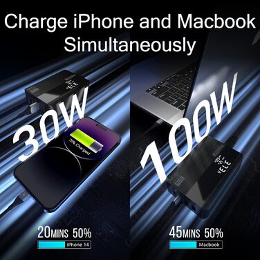 Зарядний пристрій MANTO 100W GaN USB-C з LED-дисплеєм, 4 порти (2x Type-C, 2x Type-A), PD 3.0, QC 3.0, для MacBook, iPhone, iPad, Samsung, ноутбуків