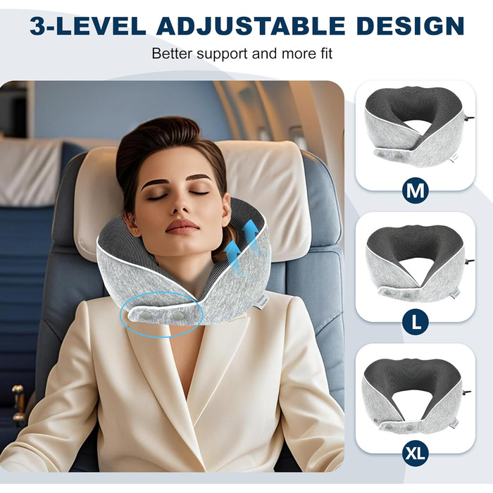 Подушка для шиї Comfy для подорожей: регульована подушка з memory foam, 3D-маска для сну, підтримка 360°, для літака, авто, поїзда (світло-сіра)