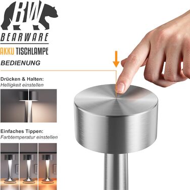 LED настільна лампа CSL бездротова, диммувана – 3 кольори світла, акумулятор, сенсорне управління, USB-C, вінтажний стиль, нержавіюча сталь, для дому та вулиці