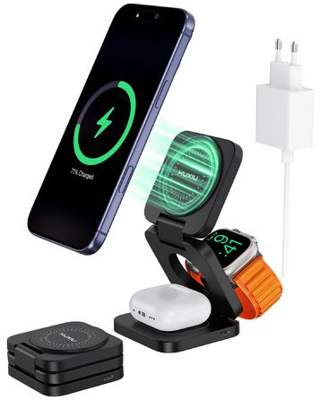Зарядний пристрій KU XIU X55 Turbo Qi2.2 25W 3-в-1 для Apple Watch, iPhone 17-12 та AirPods, магнітний складаний стенд, адаптер 45W (Чорний)