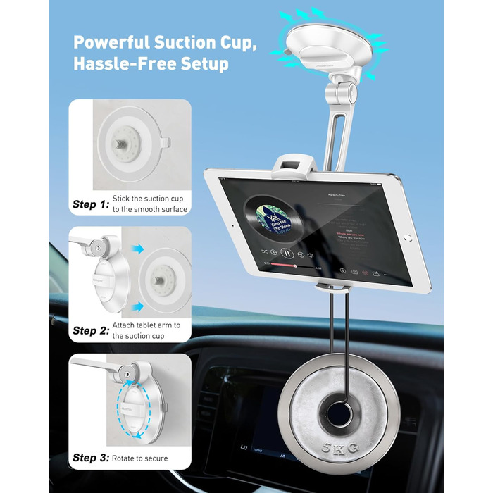 Підставка для планшету та смартфона AboveTEK з присосками, 360° обертання, для iPad/Android (4-11 дюймів), авто/дім/офіс, білий