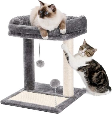 PETEPELA Small Scratching Post 51cm with Sisal Scratching Post, Scratching Board, Scratching Pad, Play Ball, Plush Cave for Kittens, Grey (with Scratching Board)