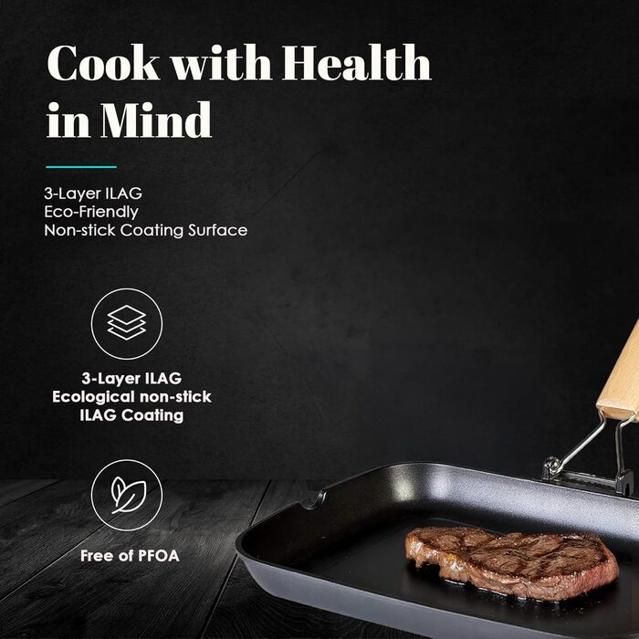 Сковорода-гриль WECOOK! Ecostone 34x24 см для індукції, алюмінієва, антипригарне покриття ILAG, екологічна, без ПФОК, товщина 5 мм, складана дерев'яна ручка, для газу та склокераміки