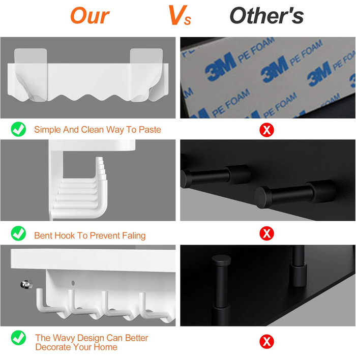 Ключниця Newaner з полицею та 6 гачками, біла. Органайзер для ключів без свердління, настінний, для дому та кухні