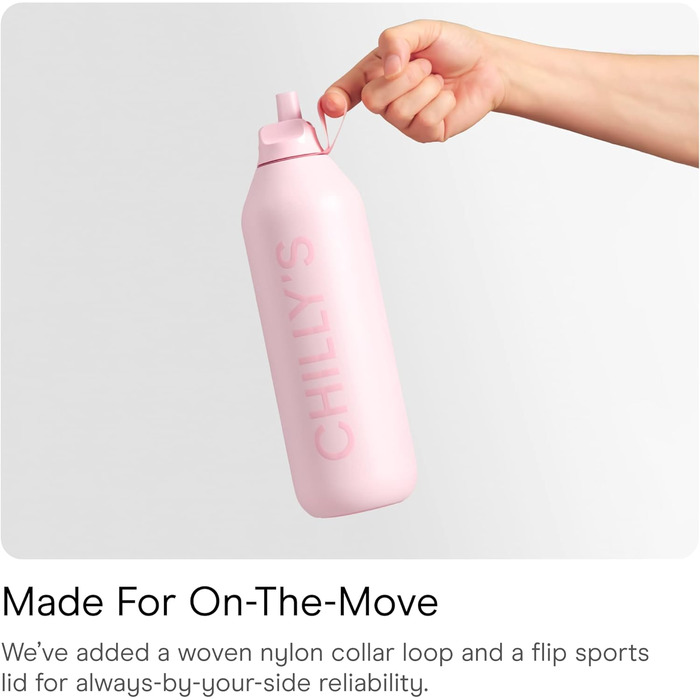 Chilly's Series 2 Flip Bottle - Thermos flask with sport cap, telescopic straw, and nylon carry loop - stainless steel bottle with easy flip opening, straw cleaning brush included