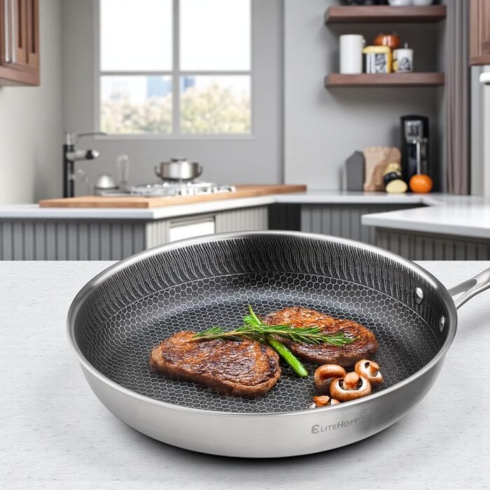 Сковорода EliteHoff Premium 28 см, антипригарна з вафельною структурою, універсальна для всіх плит, індукційна, без PFOA, для духовки та посудомийної машини, срібна (E-7550)