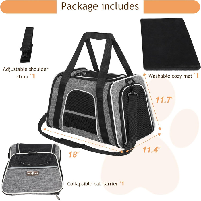 Транспортна сумка для котів HiCaptain, складана, з плечовим ременем, м'яко стьобана, переноска для собак та цуценят до 7 кг (Рожевий), 46 x 29 x 30 см (Сірий)