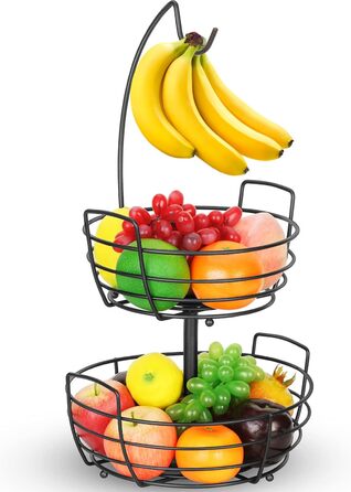 Металева підставка для фруктів та овочів на 2 яруси з гачком для бананів - чорна