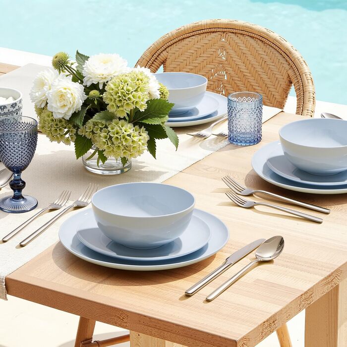 Набір посуду HIKAA на 6 осіб, 18-ти предметний сервіз з кісткового фарфору, комплект тарілок, безпечний для мікрохвильової печі та посудомийної машини, сервіз для дому, весілля, легкий та довговічний (блакитний)