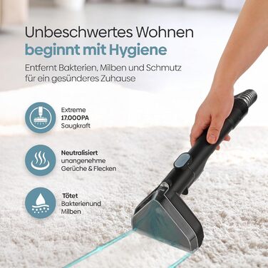 Olvy Teppichreiniger 2.0 - Потужний очищувач килимів з 17000 Па, шлангом 1.6м, кабелем 4м, функцією самоочищення та 500мл миючого засобу - для килимів, диванів, матраців та авто