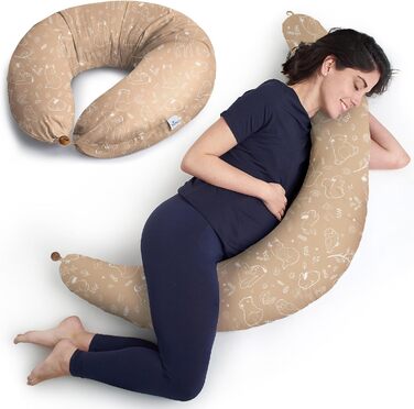 Подушка для вагітних Niimo XXL+ 2-в-1 та подушка для годування - з підпором, 100% бавовна, легко переться, ергономічна, багатофункціональна, сіра з білими сердечками (200 x 70 см)