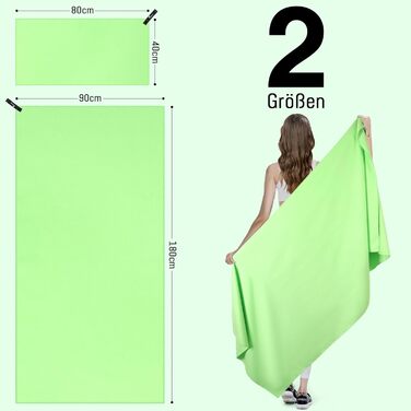 Набір з 2 рушників з мікрофібри: великий (180x90 см) для пляжу та маленький (80x40 см) спортивний. Швидковисихаючі та пісконепроникні рушники для пляжу, сауни, трекінгу (світло-зелений)